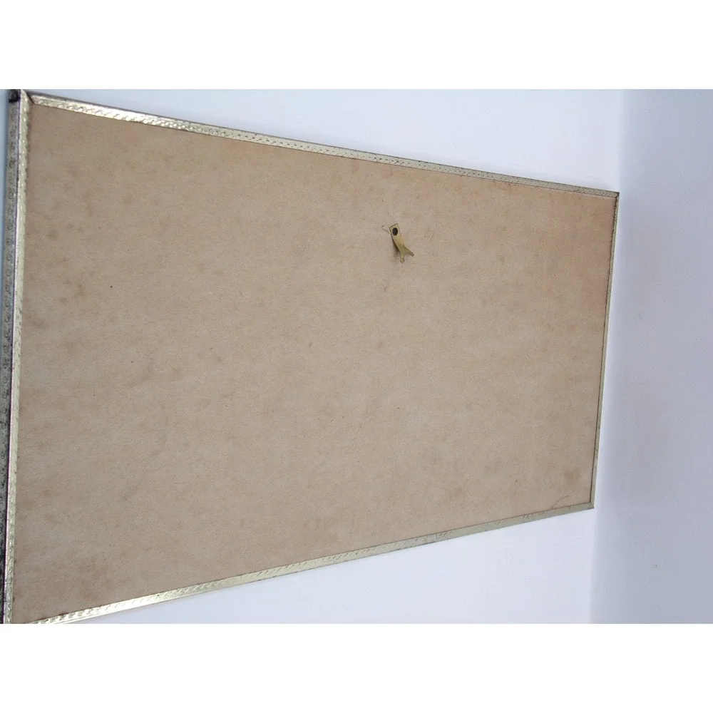 Vtg GOD BLESS OUR HOME Foil Mirror Glass Plaque Scalloped Wall Art 16x8